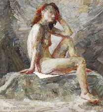 Lia Aminov female nude on gray oil painting, 68x62 cm, 2005.jpg