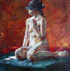 Lia Aminov female nude with black hat on orange, 80x80 cm, 2005.JPG