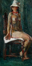Lia Aminov female nude with white hat oil painting, 2005.jpg